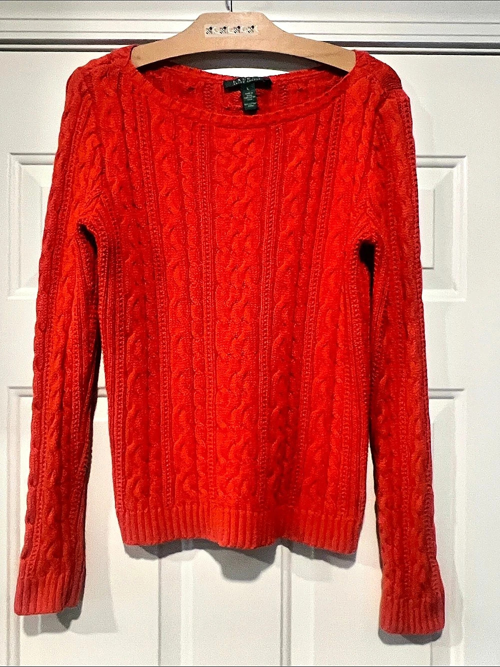 Lauren Ralph Lauren Cable Knit Crew Neck Sweater Women’s Sz L Orange Preppy